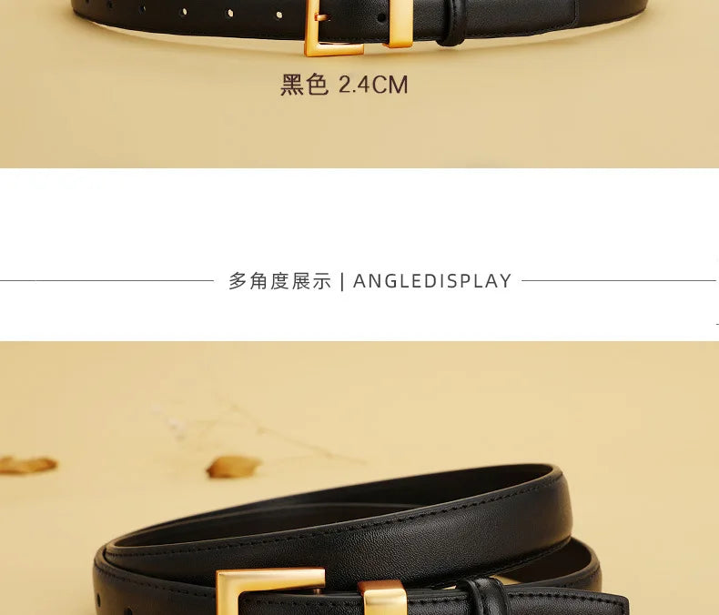 Ladies leather belt; cowhide versatile decoration for suit waist belt; retro simple high-end black ins style denim belt.