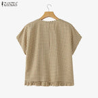 Women Summer Plaid Checked Blouse ZANZEA 2026 Fashion O Neck Short Sleeve Tops Casual Loose Holiday Shirt Elegant Work Blusas
