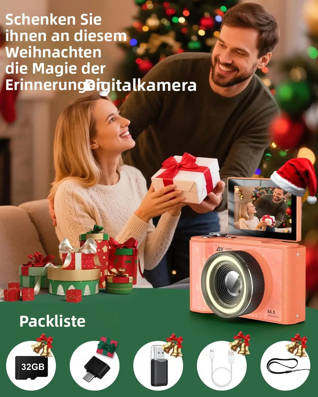 4K Vlogging Camera, 180° Flip Screen, Ring Light & Beauty Mode, Digital Camera for Beginners, 32G SD Card Included, Xmas Gift