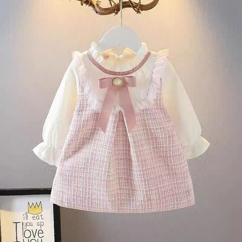 Girls Long Sleeve Skirt Cute Loose Dress Outer Wear Spring New Korean Style Clothing Kids Casual Fashion Round Neck Bow Skirt Main image