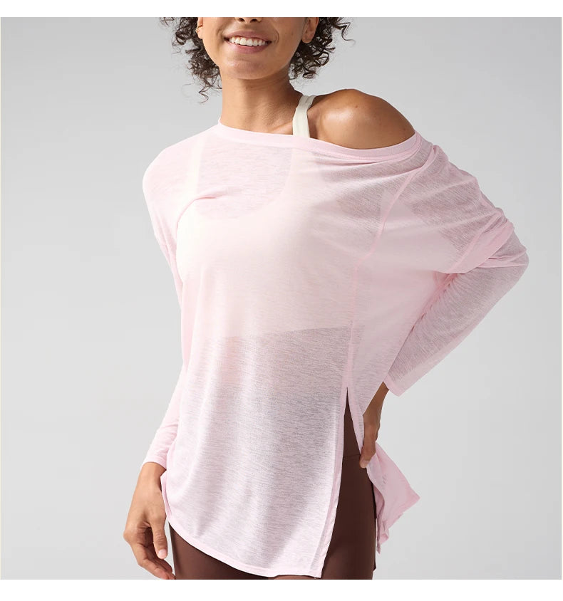 Fashion Women's Breathable Loose Quick Drying Long Sleeve Yoga Shirts Slimming Side Slits Leisure Running Fitness Cycling Tops