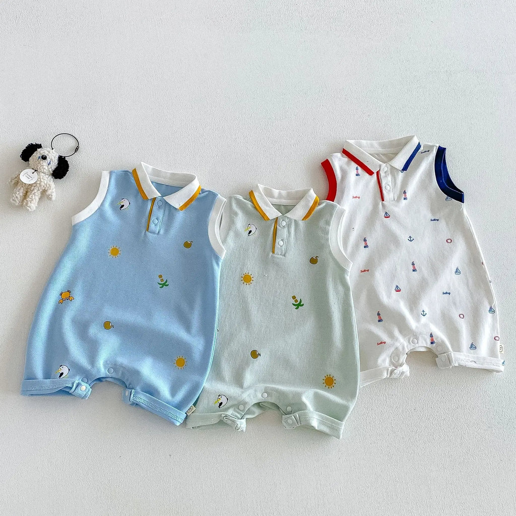 2026 New Summer 0-2Y Baby Clothes Cartoon Print Sleeveless Polo Romper Breathable Mesh Fabric with Placket Snap Closure