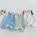 2026 New Summer 0-2Y Baby Clothes Cartoon Print Sleeveless Polo Romper Breathable Mesh Fabric with Placket Snap Closure