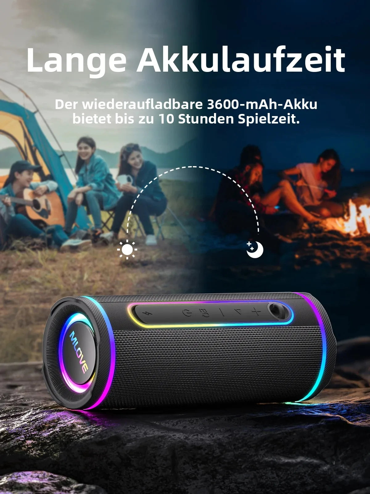 MLOVE E80 Portable Bluetooth Speaker – Powerful Dual Sound, Colorful RGB Lighting, Fully Waterproof (IPX7), TWS Enabled