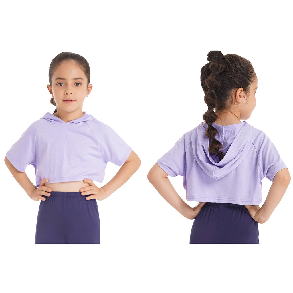 3Pcs Girls Sports Set Vest+Hooded Crop Top+Shorts Sportswear Set for Child Dance Yoga Running Cycling Workout Costume Activewear