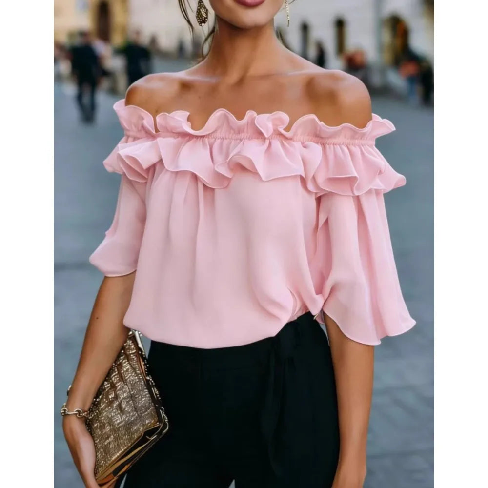 Fashion Ruffled Sexy One Shoulder Women's Short Sleeve Shirt Summer New Casual Loose Tops Female Elegant Versatile Office Shirt