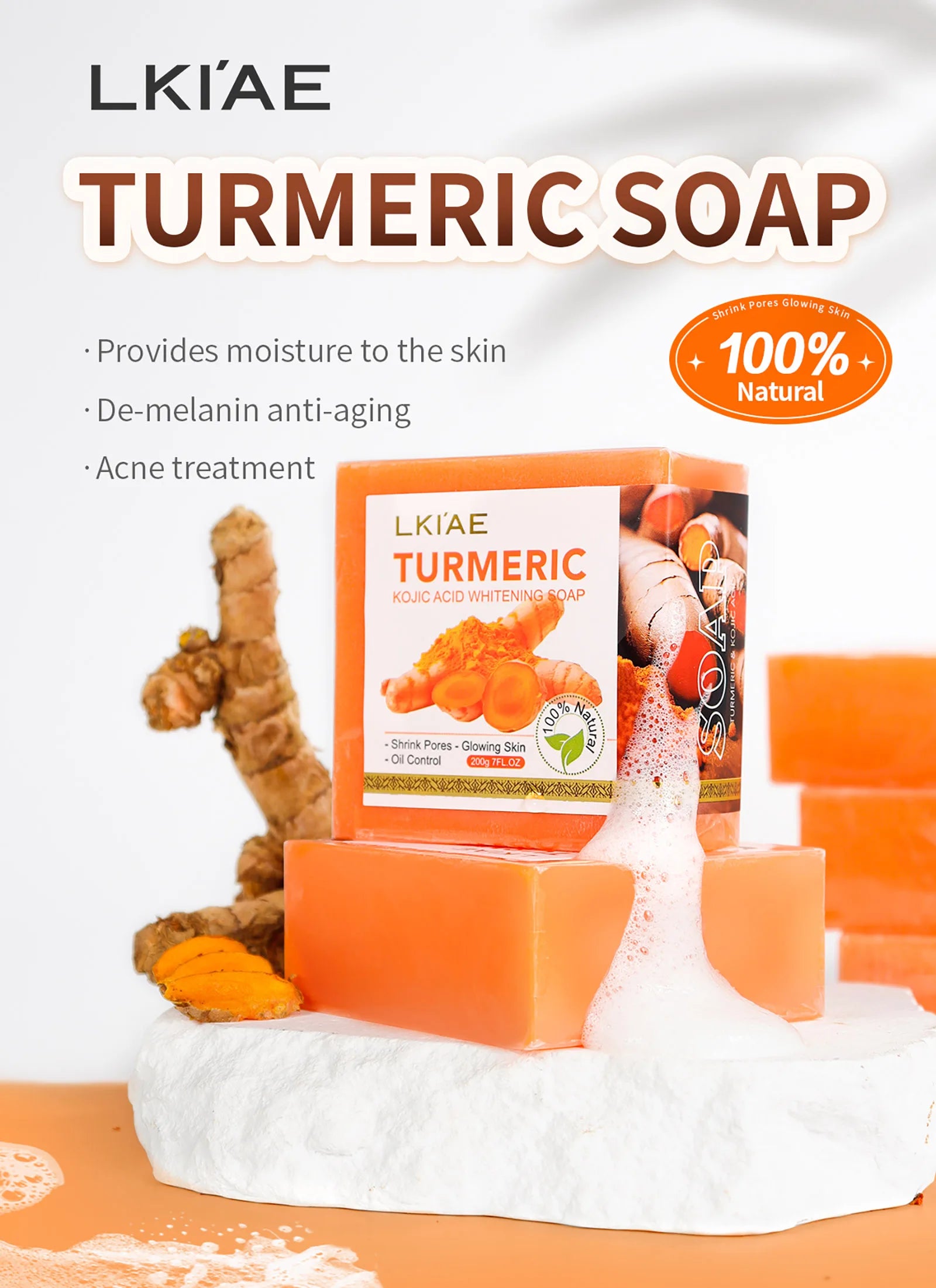 LKIAE Organic Turmeric Soap Bar, Natural Herbal Hand Made Whitening Soap, Remove Melanin, Acne, Spots, For Face And Body,200g