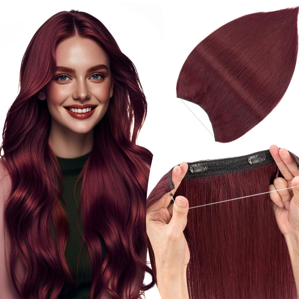 TESS Wire Hair Extensions Invisible Straight Wire Remy Human Hair Extensions with Transparent Line Clip In Hair Weft For Women