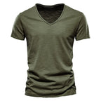 Spring Summer Cotton T Shirts Men 2025 Simple VNeck Stretch Solid New Tops Clothing Casual Tshirt Man Streetwear Cool Tee Shirts