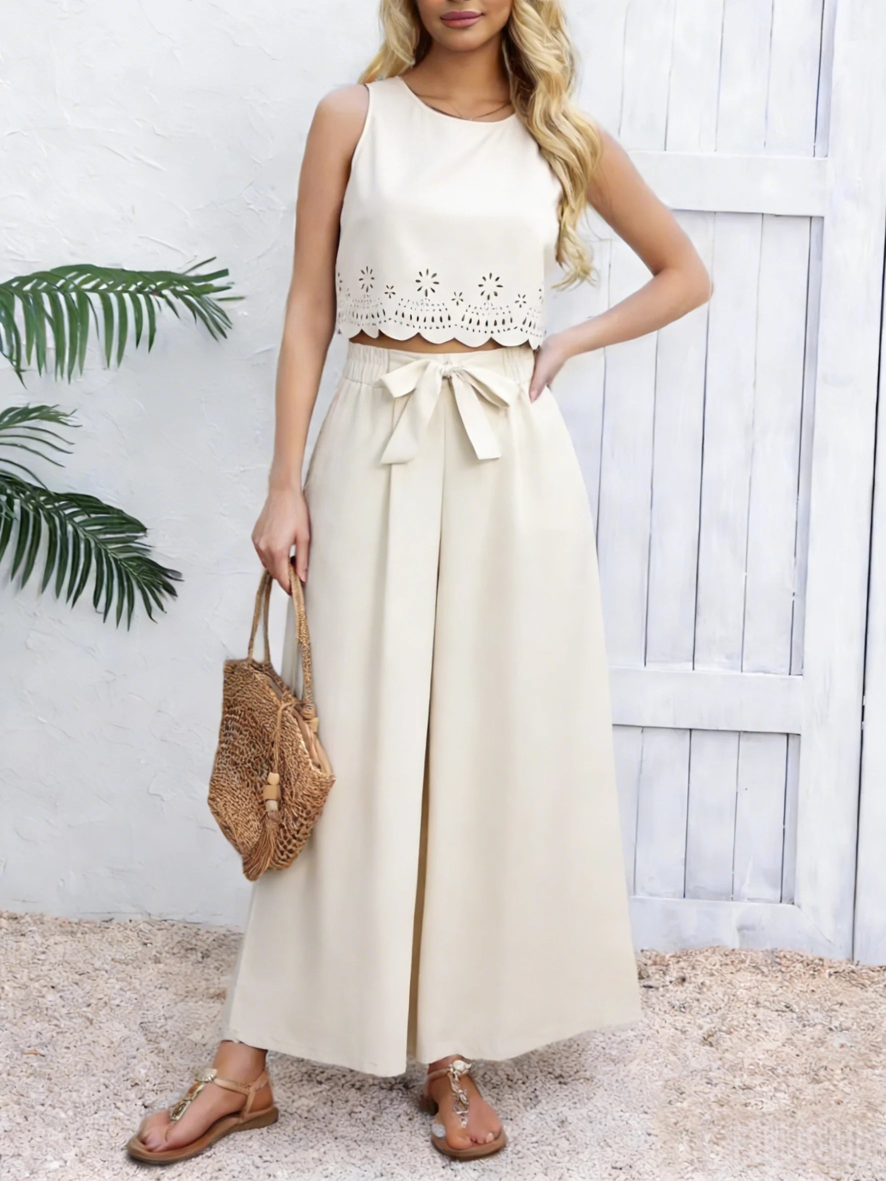 Women's Beige 2-Piece Set Sleeveless Crop Top And Wide Leg Pants Spring Summer Casual Commuting Vacation Outfit Main image
