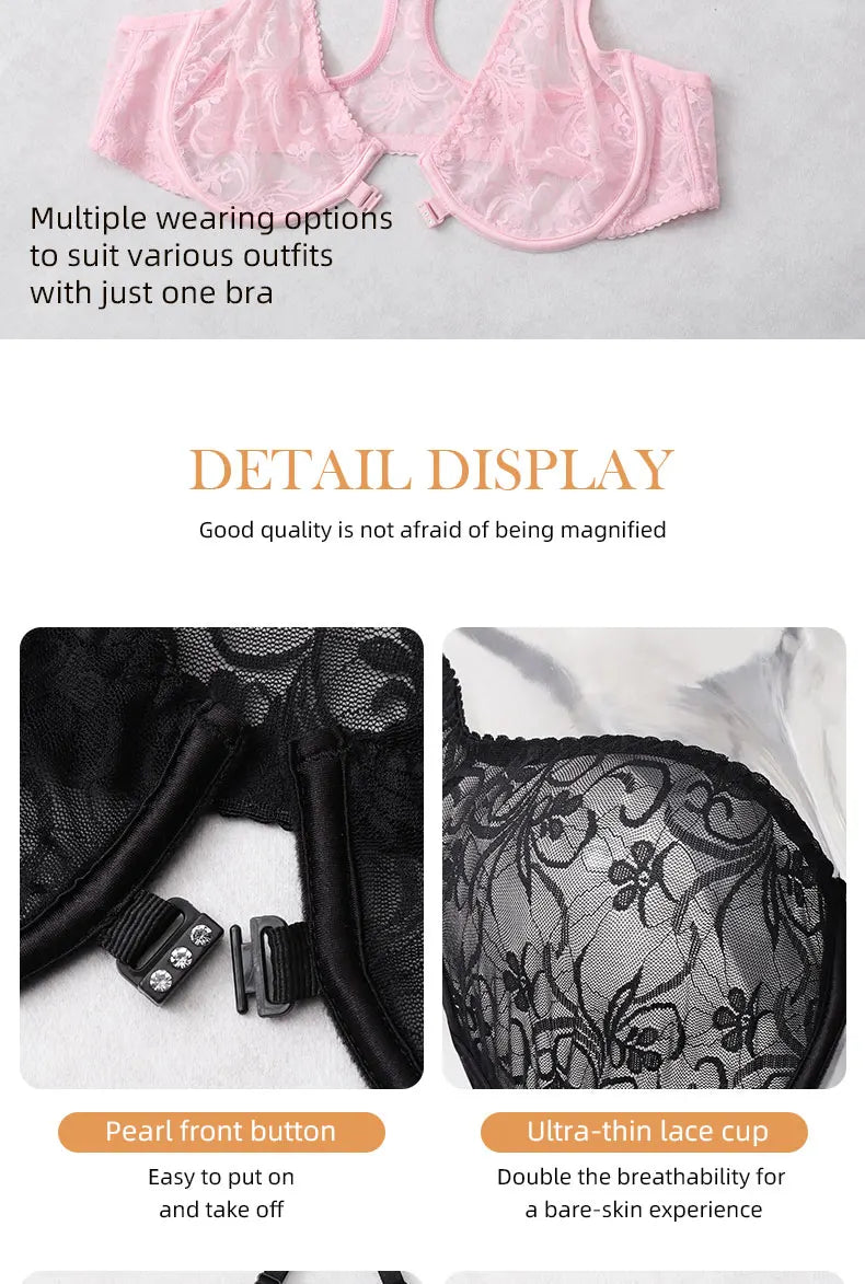 Front Button Women's Bra Lace Sheers Unpadded Sexy Lingerie BH Tops Flower knitting Brassiere Underwire Underwear Plus Size Bras
