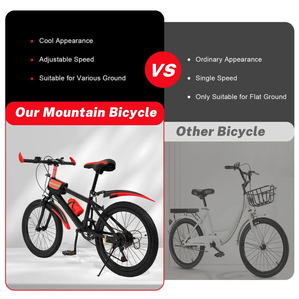 20 Inch Mountain Bike 7 Speed Gears, Adjustable Seat Kids' Bike with Mudguards Kettle Holder Kettle for Boys Girls 8-13 years