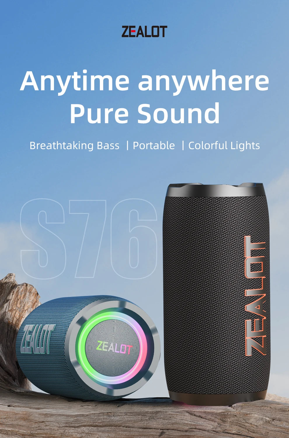ZEALOT-S76 50W Portable Super Subwoofer Portable Speaker Home Outdoor Waterproof Column Bluetooth Speaker Sound Box