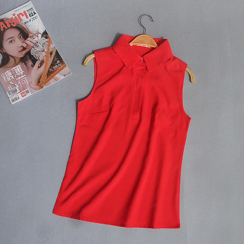 #2503 Woman Tops And Blouses Sleeveless Shirt Women Summer Thin Vest Pullover Button Basic Top Chiffon Red White Black Polo Neck