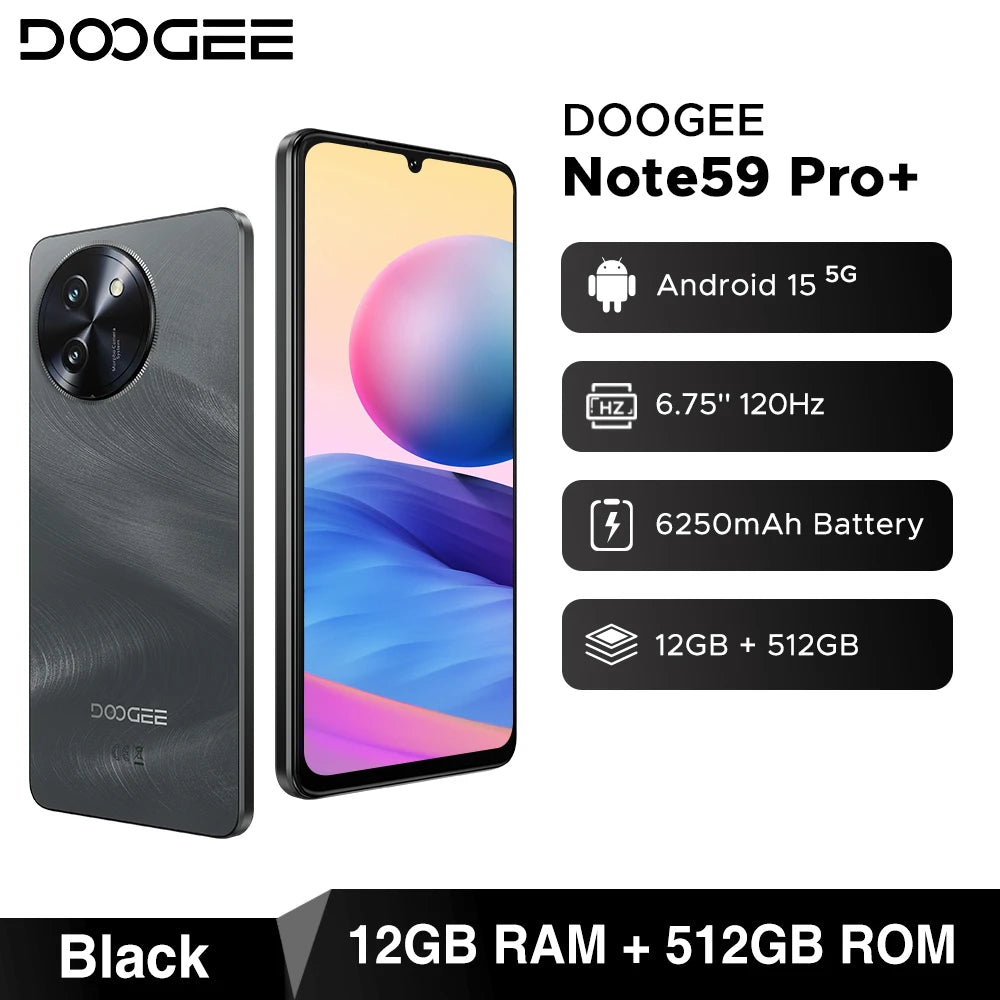 Global Version DOOGEE Note59 Pro+ 5G Smart phone Android 15 6250mAh Battery 6.75'' 120Hz Screen 12GB 512GB AI Camera Cell Phone