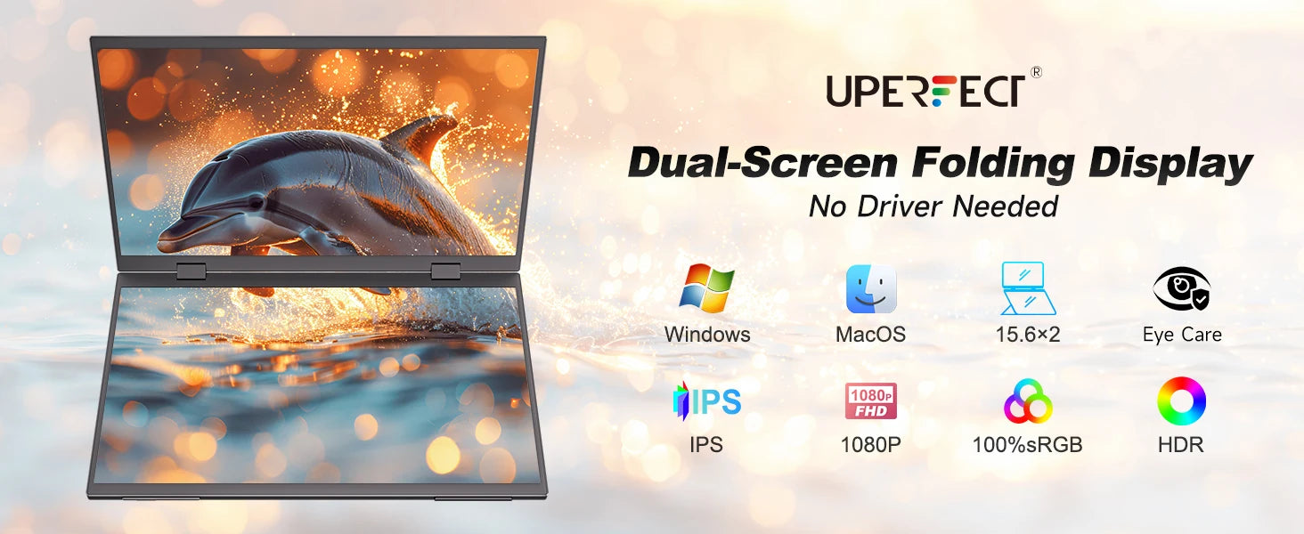 UPERFECT Delta 15.6" Dual Portable Monitor For Laptop Screen Extender 1080P HDR 360° Folding Stacked with Stand For Laptop PC