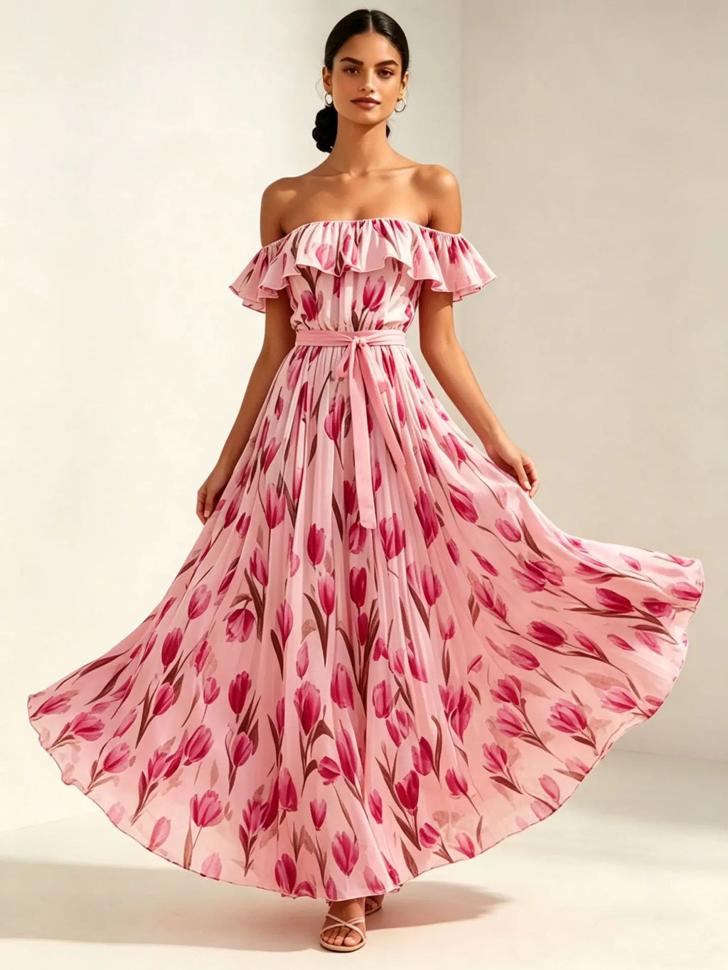 2026 summer off-the-shoulder tulip print plus size slimming square neck maxi dress
