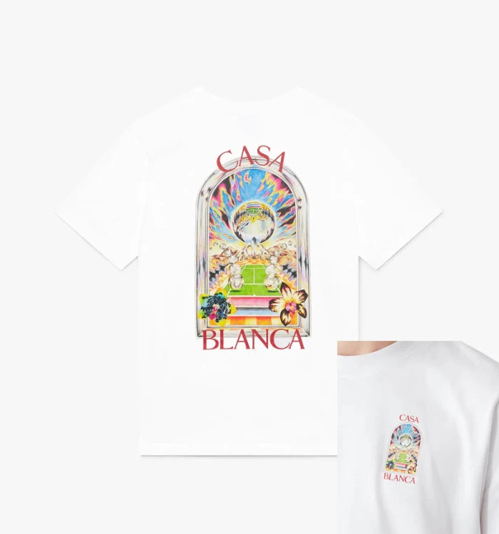 High-Quality White Arch-Print ShortSleeve T-Shirt Casual Round Neck Tee Summer Graphic Pattern Loose Fit Style For Men And Women