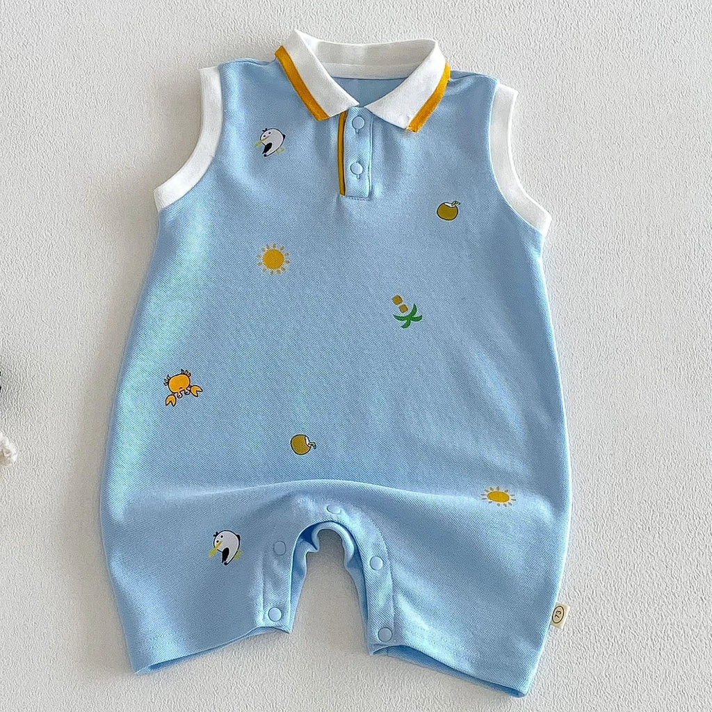 2026 New Summer 0-2Y Baby Clothes Cartoon Print Sleeveless Polo Romper Breathable Mesh Fabric with Placket Snap Closure