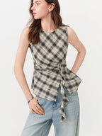 FSLE Retro Plaid Round Neck Slim Waist Sleeveless Shirt for Women New Summer 2026 Style with Ribbon Korean Style Y2k
