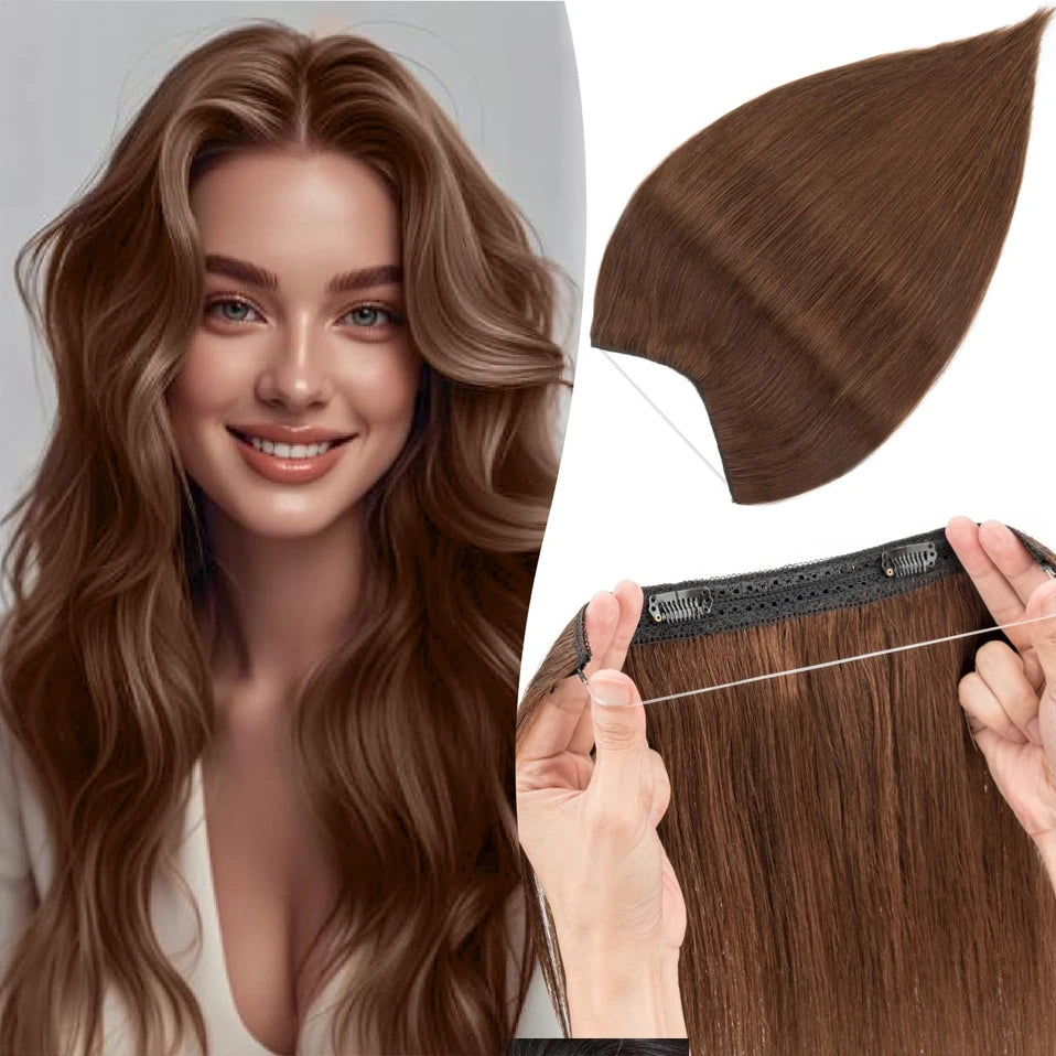 TESS Wire Hair Extensions Invisible Straight Wire Remy Human Hair Extensions with Transparent Line Clip In Hair Weft For Women