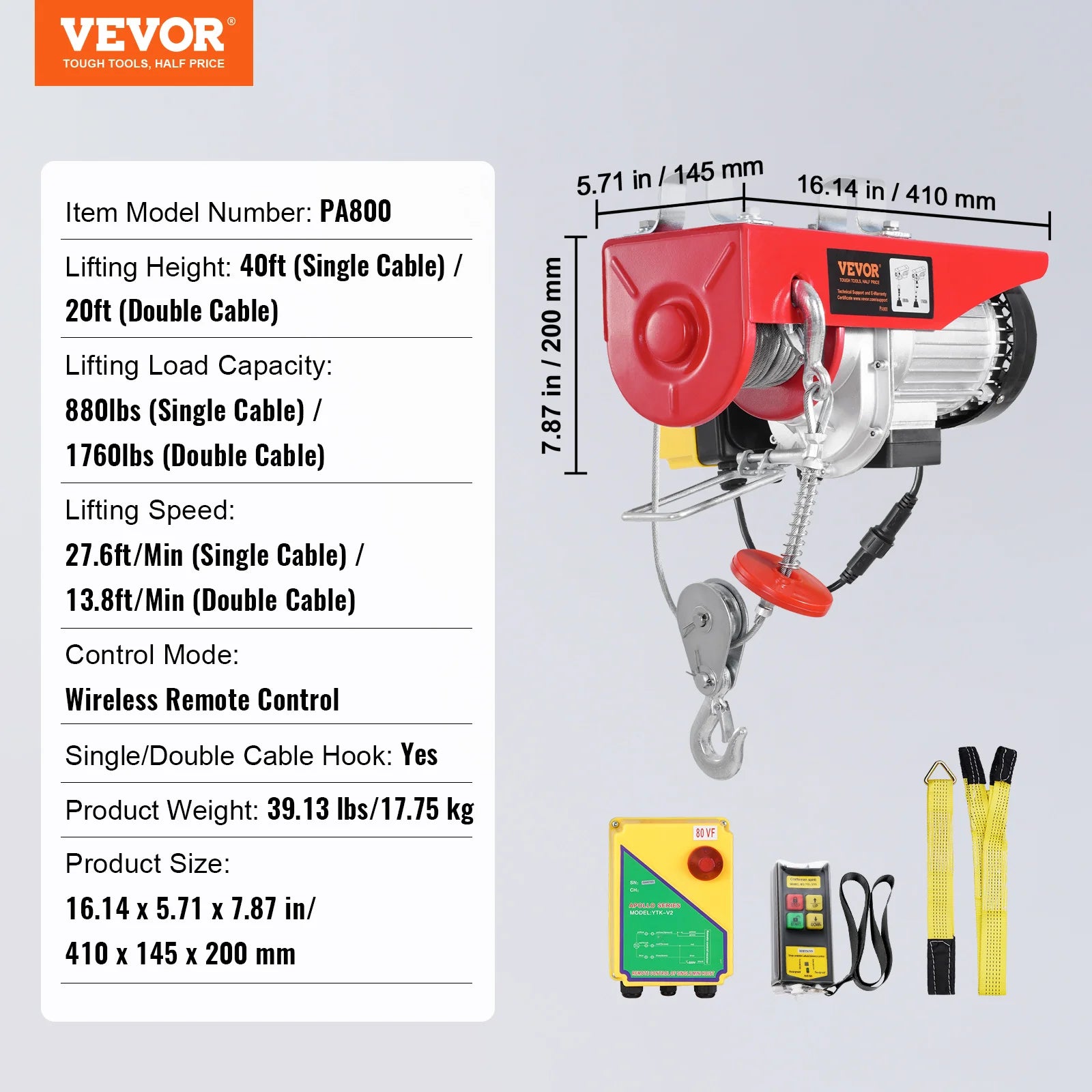 SucceBuy 1320-2200 lbs Wireless Electric Hoist with 40ft Single Cable Lifting Height Steel Wire Winch Garage Warehouse Factory