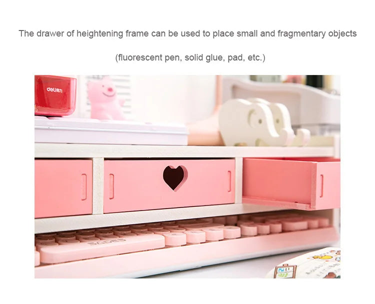Pink White Student Storage Rack Heart Drawers Monitor Laptop Increase Shelf Office Screen Riser Holder Stationery Pen Storage