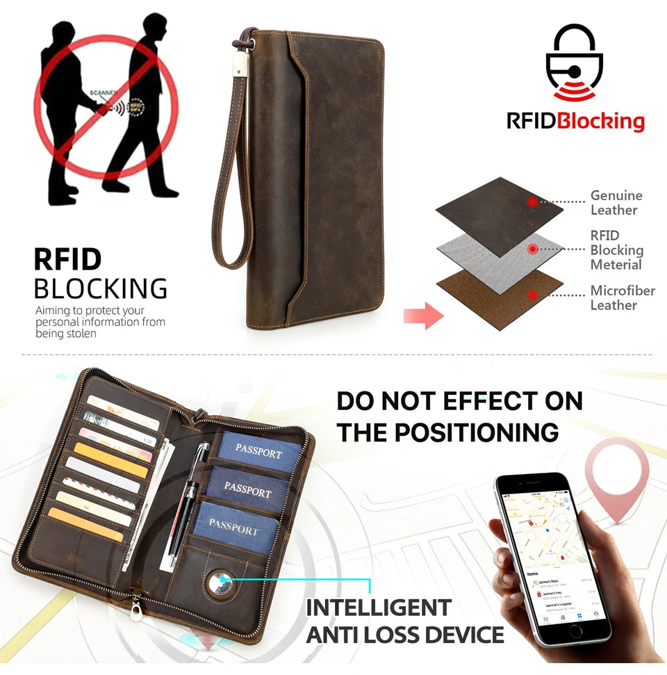 Family Passport Wallet with AirTag Slot for Travel Genuine Leather Credit Card Boarding Pass Holder Pen Cover Money Clutch Bag