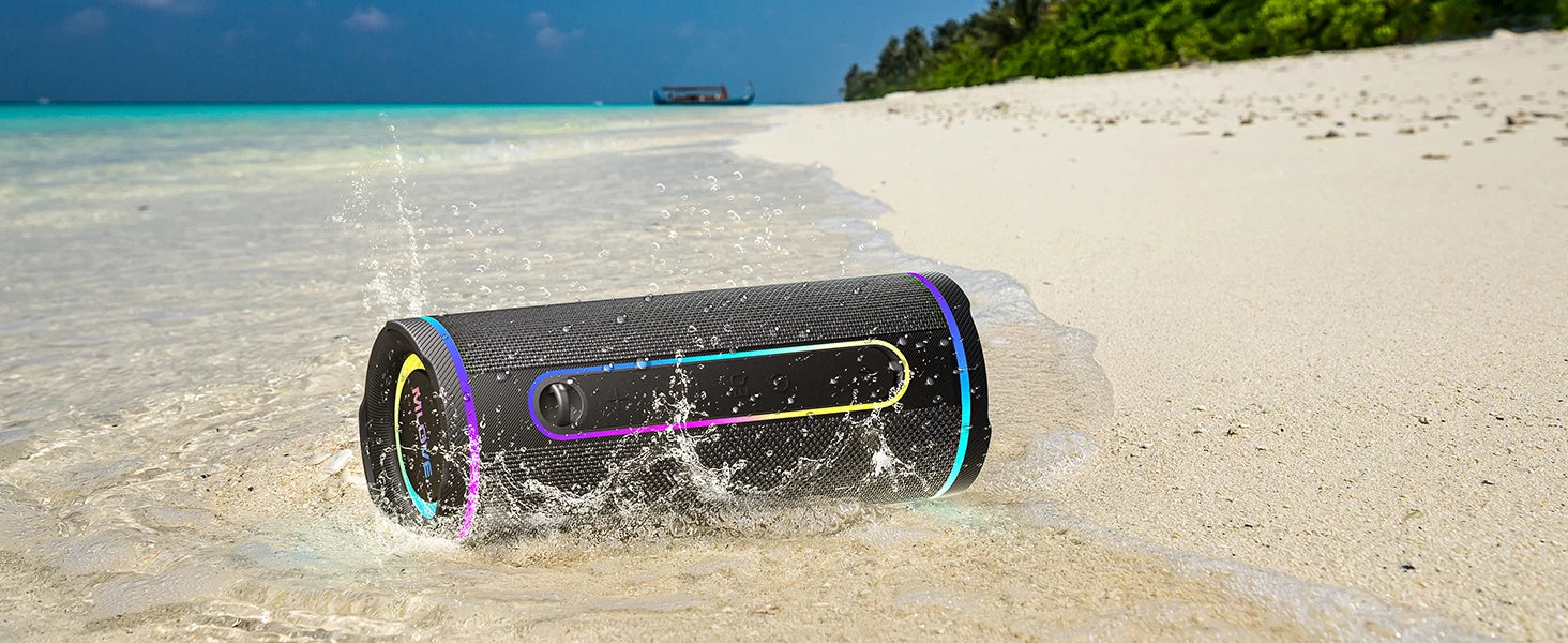 MLOVE E80 Portable Bluetooth Speaker – Powerful Dual Sound, Colorful RGB Lighting, Fully Waterproof (IPX7), TWS Enabled