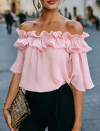 Fashion Ruffled Sexy One Shoulder Women's Short Sleeve Shirt Summer New Casual Loose Tops Female Elegant Versatile Office Shirt