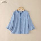 ZANZEA Women Summer Plaid Patchwork Blouse 3/4 Flare Sleeve Cut Out Tops Casual Loose Shirt Retro Chemise Female Work Blusas