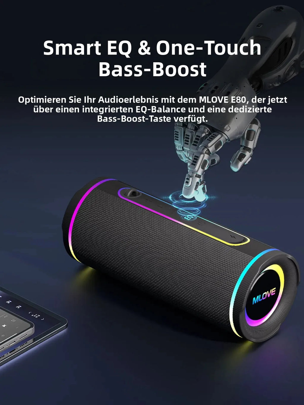 MLOVE E80 Portable Bluetooth Speaker – Powerful Dual Sound, Colorful RGB Lighting, Fully Waterproof (IPX7), TWS Enabled
