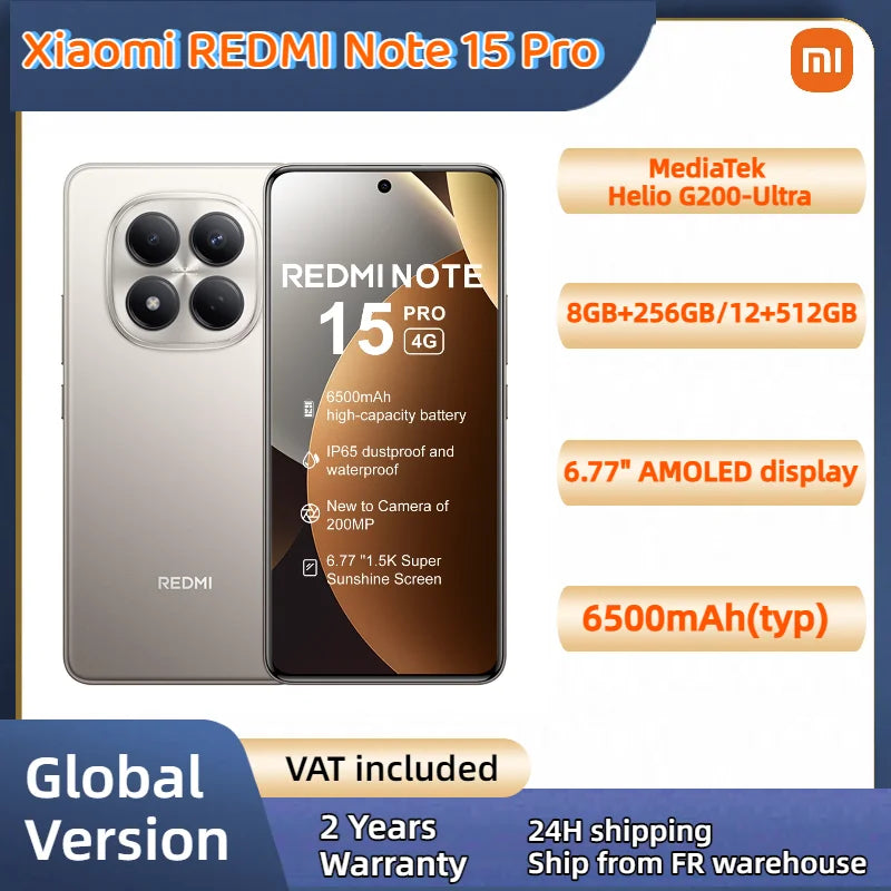 Global Version Xiaomi REDMI Note 15 Pro MTK Helio G200-Ultra 6.77" AMOLED display 200MP Camera 6500mAh 45W fast charging 120HZ Main image