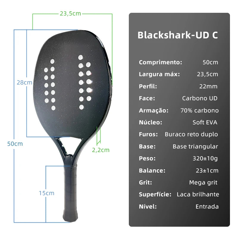 HOOWAN BLACKSHARK Beach Tennis Racket Carbon UD Graphite Rough Surface Soft White EVA Core Racket Beach Tennis 22MM