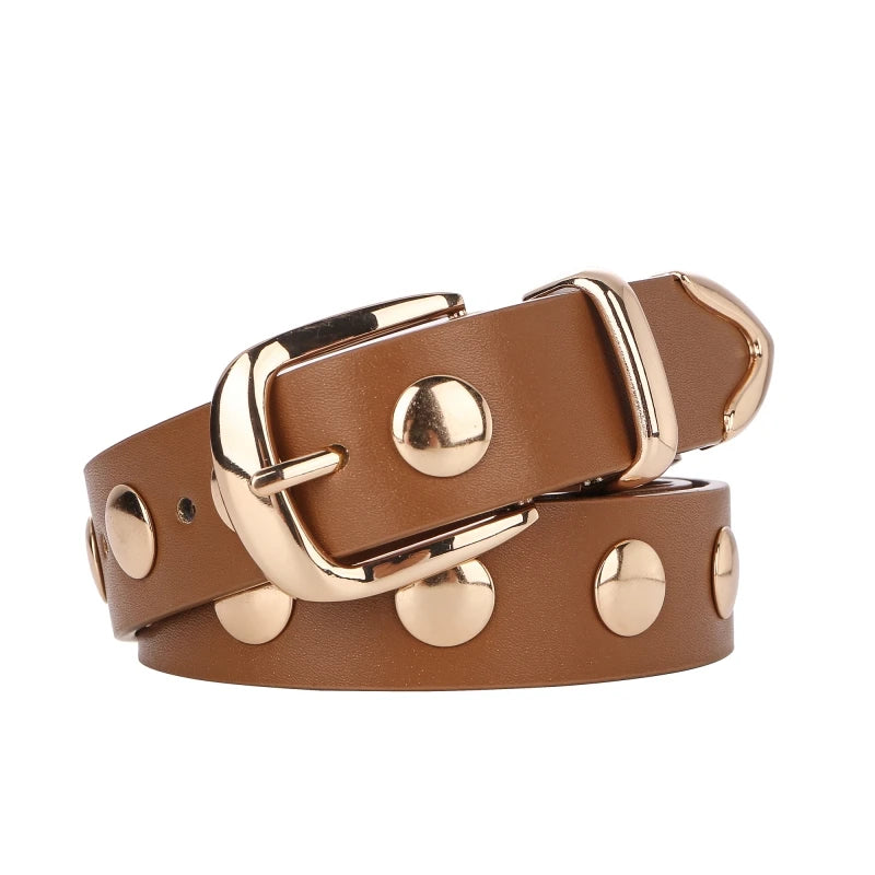 Women Fashion Leather Belt Studded Punk Black Belts for Jeans Dress Ladies Belt with Gold Buckle Adjustable Waist Belt
