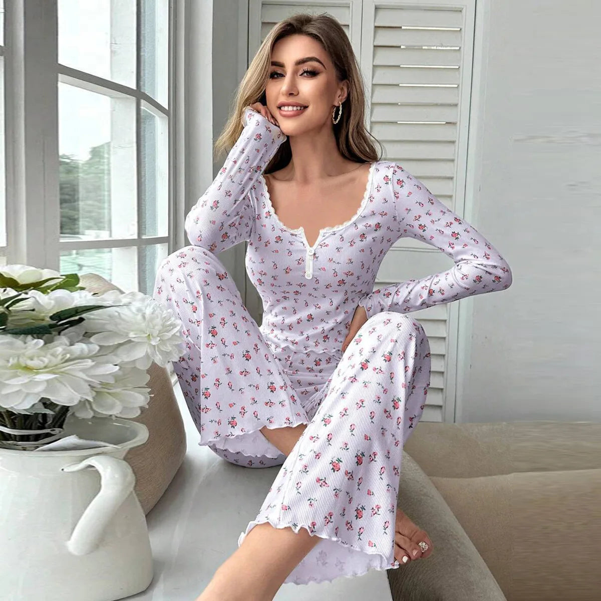 Women's Pajama Set Lace Buttons Trims Sleepwear Slim Long-sleeved Trousers Floral Print Stylish sexy Loungewear Nightwear Pyjama Main image