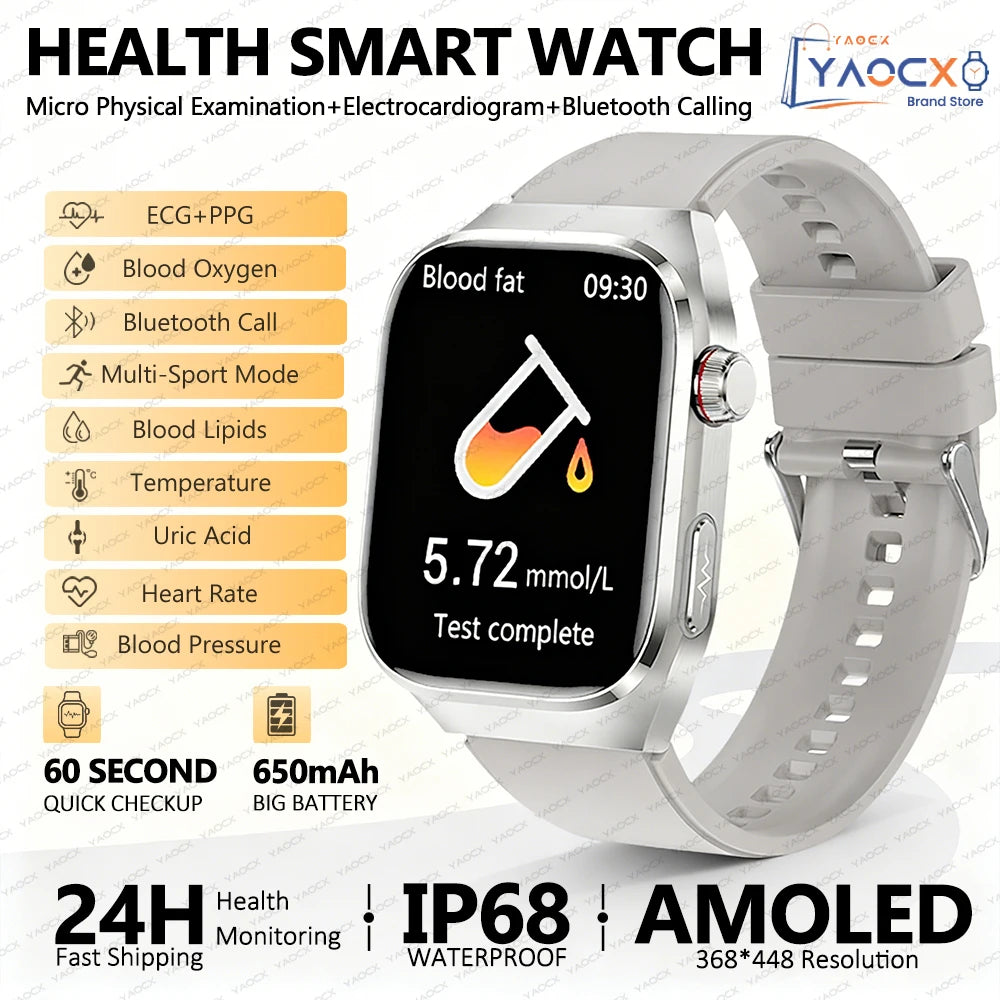 2026 New Nursing Grade Uric acid Blood lipids Smart Watch Men ECG+PPG Blood Pressure Heart Rate Bluetooth Call Health Smartwatch