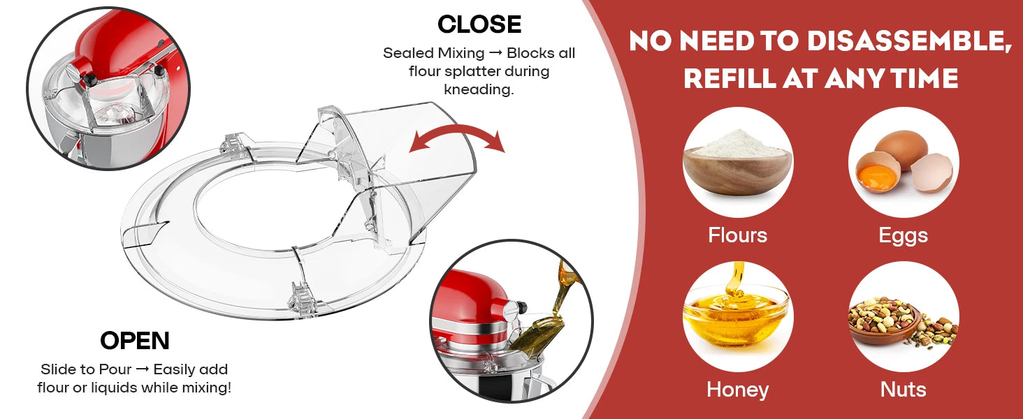 Pouring Shield Splash Guard, Detachable Flip Top Lid for KitchenAid 4.5-5QT Tilt Head Stand Mixer, Mixer Bowl Accessories