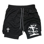 Print 2 in 1 Running Workout Shorts for Men Christian Gym Athletic Performance Shorts with Phone Pocket Towel Loop Activewear