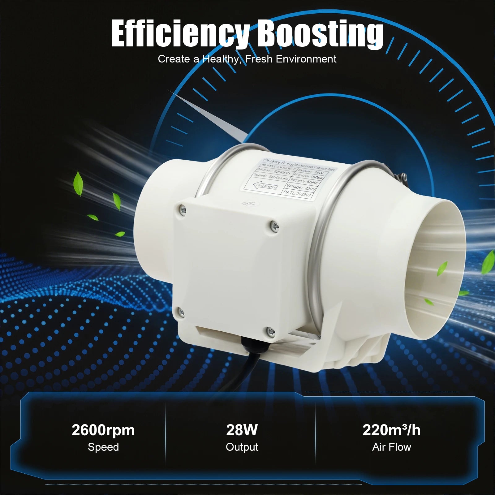 220V Duct Fan, Silent Inline Ventilation Exhaust Fan Air Ventilator for Kitchen/Bathroom/Bath, 2600rpm