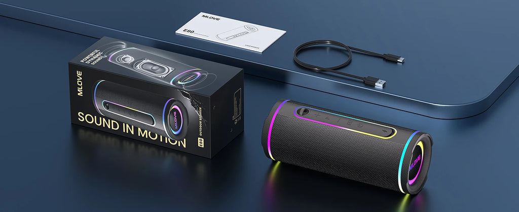 MLOVE E80 Portable Bluetooth Speaker – Powerful Dual Sound, Colorful RGB Lighting, Fully Waterproof (IPX7), TWS Enabled