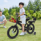 14" Kids Bike Adjustable Children's Bicycle Load 60kg w/Training Wheels+Basket+Backrest Rear Seat for 3-7 Year Old (White/Black)
