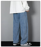 2026 New Korean Men's Casual Long Jeans Classic Man Straight Denim Wide-leg Pants Solid Color Light Blue Grey Black