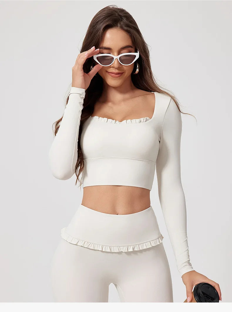 New Summer 2Pcs Women Gym Yoga Female Outfit Outdoor Sports Quick-Dry Long-Sleeved Shirt Set Woman Two-Piece Suit Sportswear