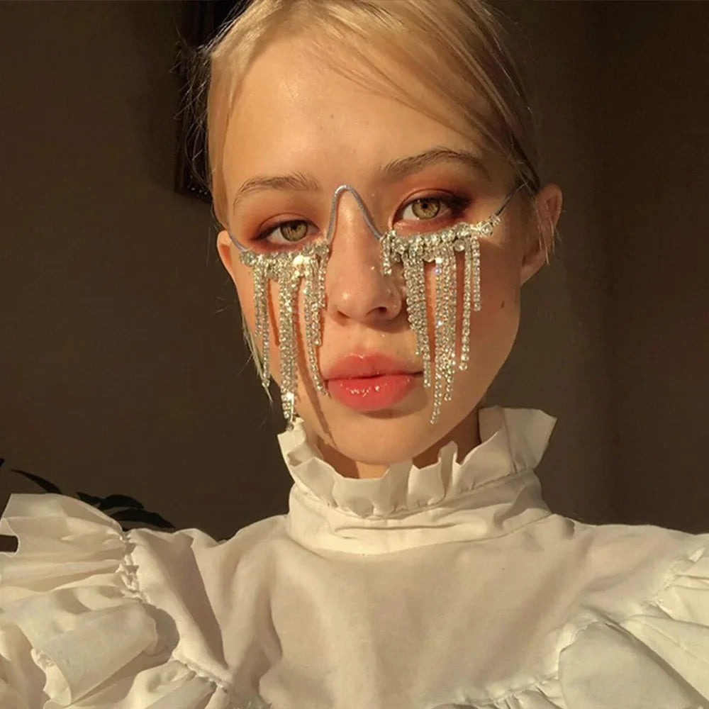 Fashion Tassel Half Metal Glasses Frame for Women Crystal Face Chain Jewelry Eyewear Kpop Makeup Rhinestone Accessory No Lens