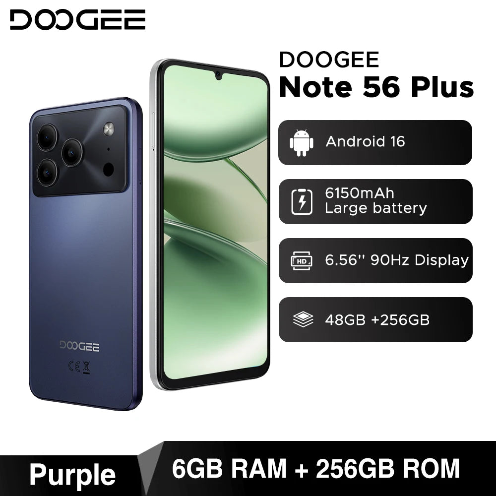 Global Version DOOGEE Note56 Plus Android 16 Smartphone 48GB+256GB 6150mAh Large Battery 6.56'' 90Hz Display 50MP Camera NFC