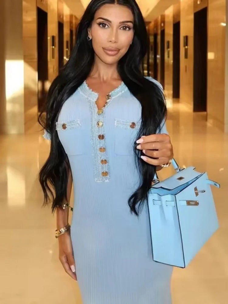 Elegant Contrasting Women Knit Maxi Dress Chic O-neck Short Sleeve Metal Buttons Bodycon Dresses Office Lady Commuting Robe