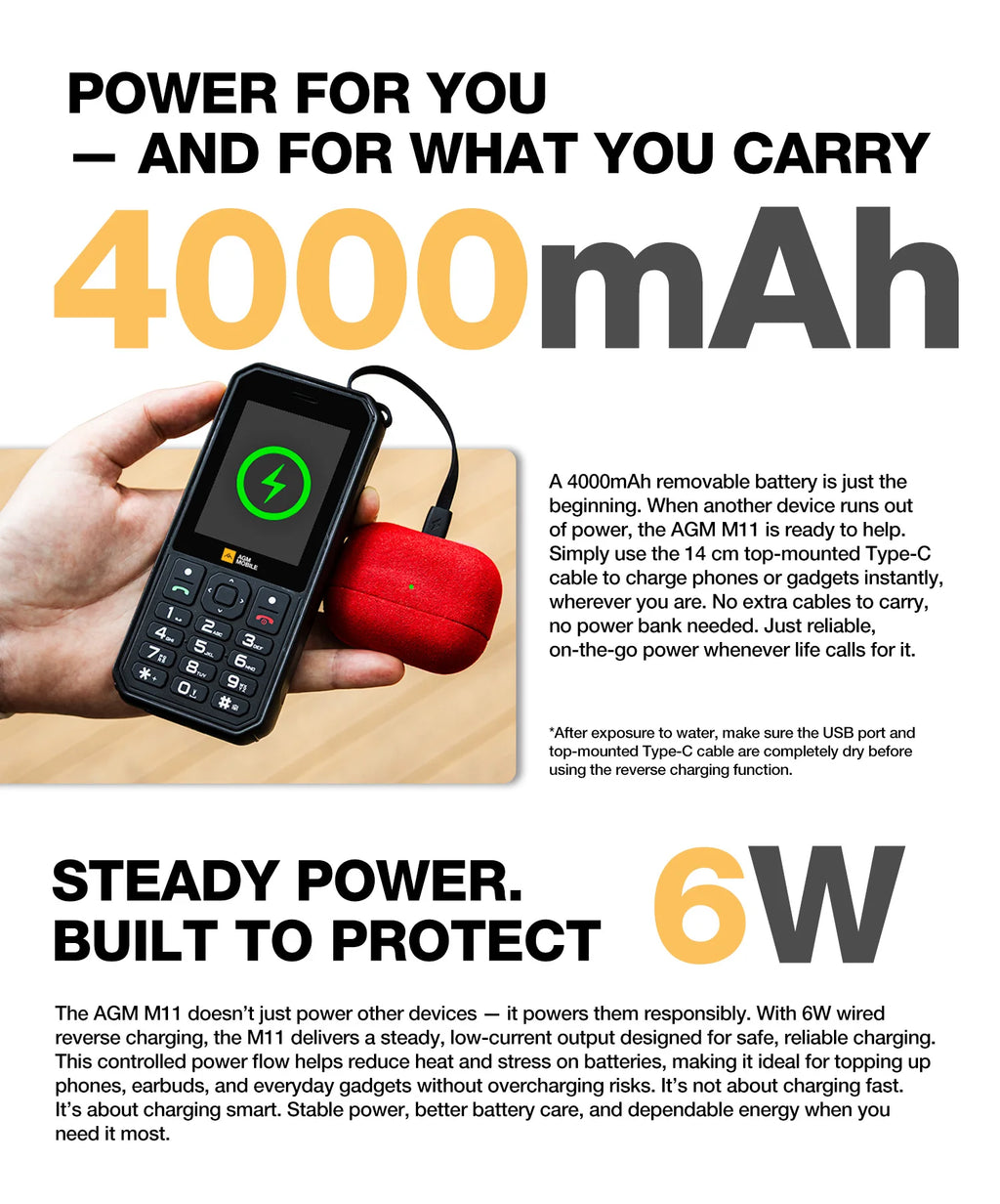 AGM M11 4G Rugged Phone IP68 Waterproof 4000mAh Removable Battery Wi-Fi Hotspot Reverse Charging FM Radio for Outdoor