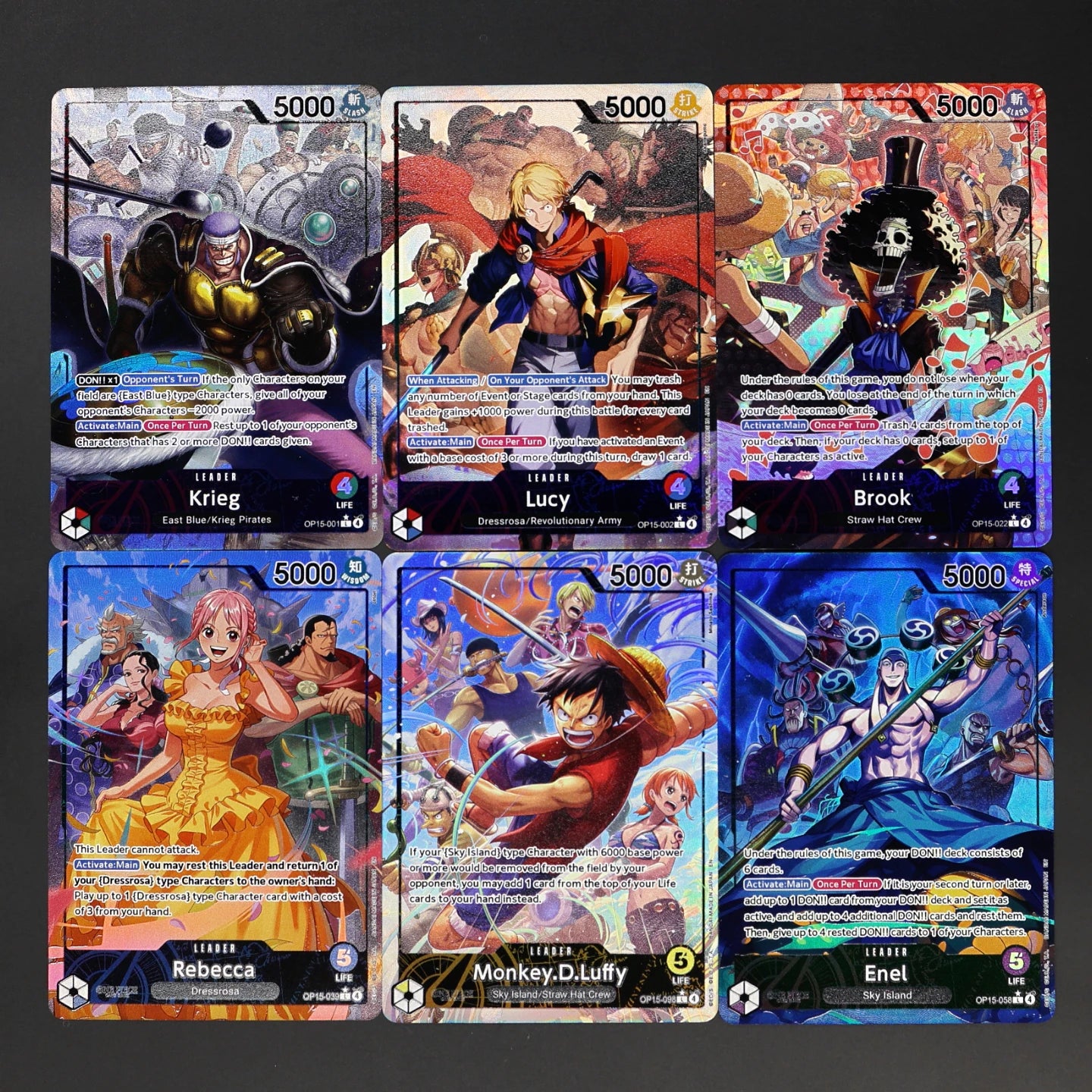 One Piece TCG OPCG English Leader card OP15 Leader Card Set Luffy  Lucy Enel Krieg Rebeca Brook KAMI's Island Textured Foil Card Main image