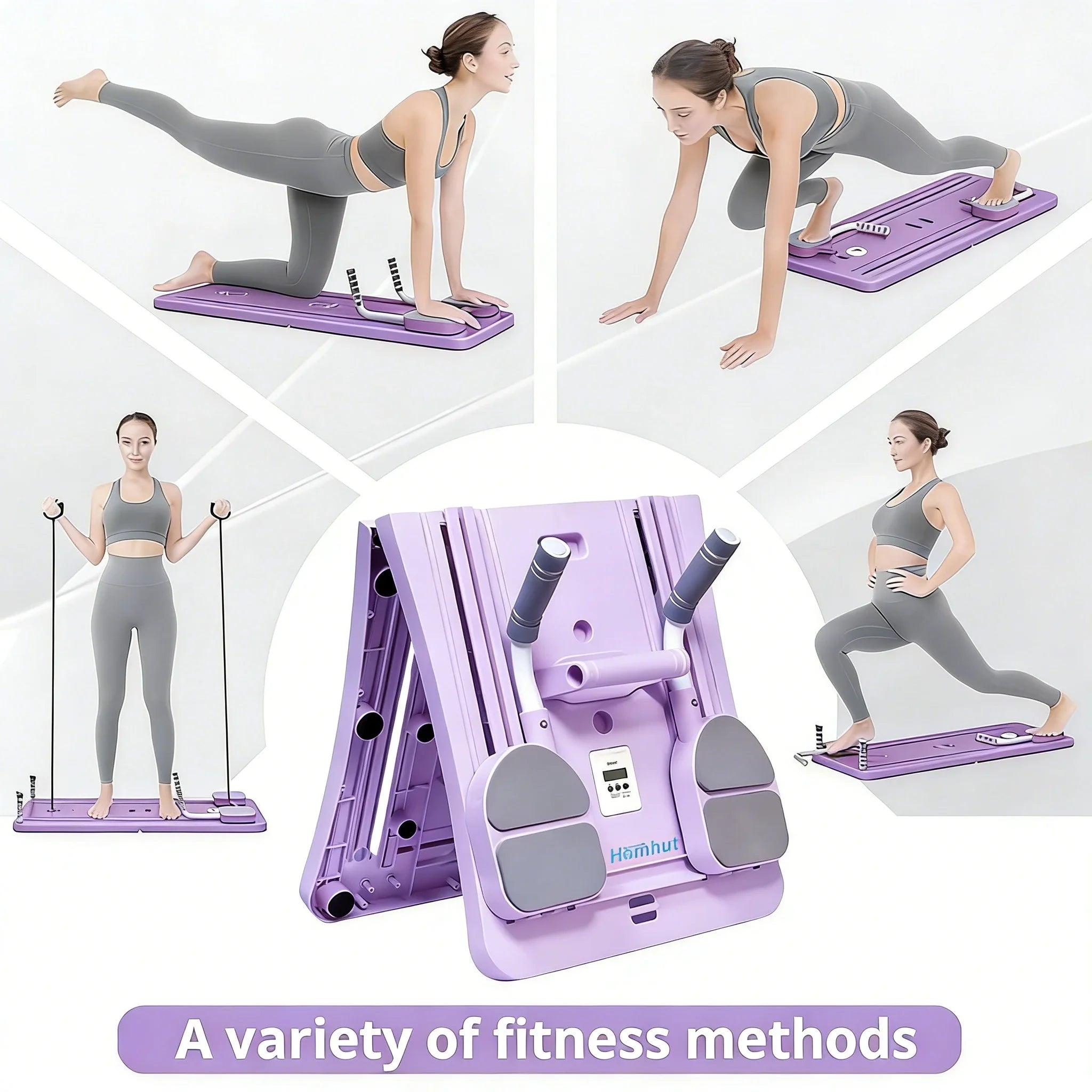 Pilates Sliding Board Foldable Fitness Reformer Platform Home Workout Equipment with Resistance Bands Abdominal Leg Training Machine Multifunctional Yoga Exercise Board Portable Full Body Workout Pilates Board
